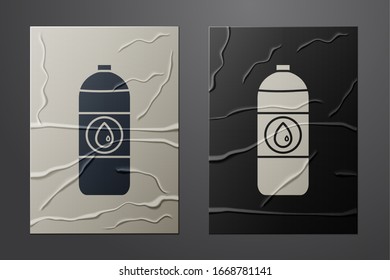 White Plastic canister for motor machine oil icon isolated on crumpled paper background. Oil gallon. Oil change service and repair. Paper art style. Vector Illustration