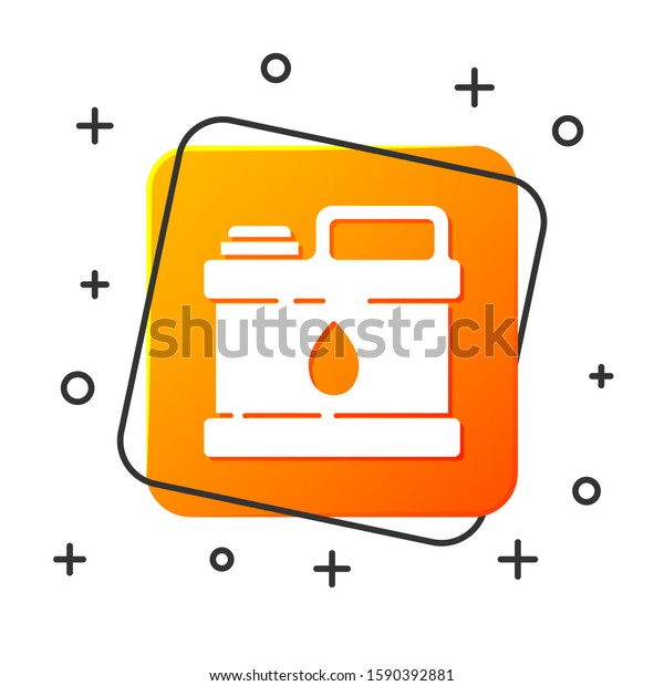 White Plastic canister\
for motor machine oil icon isolated on white background. Oil\
gallon. Oil change service and repair. Orange square button. Vector\
Illustration
