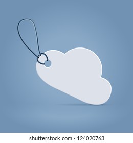 White plastic cloud shaped tag label with rope over blue