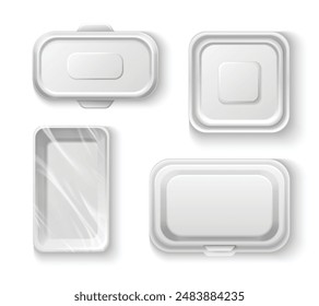 White plastic container and styrofoam tray with transparent wrap foil cover. Realistic 3d vector top view box mockup for product storage and take away concept. package for lunch and meal keeping.