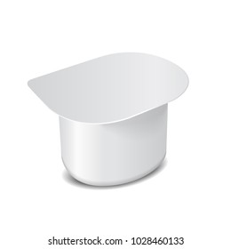 White plastic container with plastic wrap and foil cover for dairy products, yogurt, cream, dessert, jam. Vector square packaging mockup template for your design