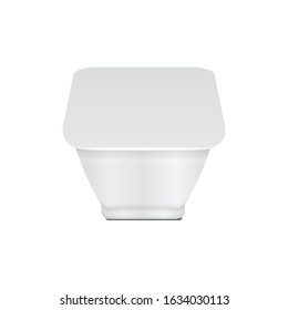 White plastic container with plastic wrap and foil cover for dairy products, yogurt, cream, dessert, jam. Vector square pack mockup template for your design