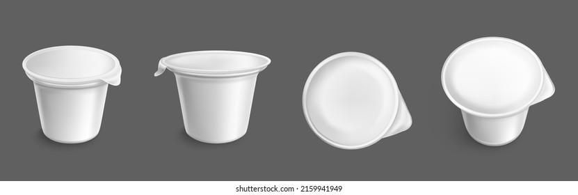 White Plastic Container For Yogurt, Ice Cream, Dairy Dessert. Vector Realistic 3d Mockup Of Blank Cup With Closed Lid For Yoghurt, Milk Products, Jam Or Cheese In Side And Top View