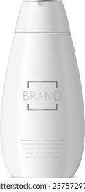 White plastic cosmetic bottle featuring a blank logo and generic text, containing shampoo or moisturizer, positioned against a white background for a minimalist aesthetic