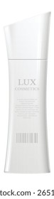 Garrafa cosmética de plástico branco com um design moderno, apresentando um código de barras e texto de espaço reservado lorem ipsum, está de pé sobre um fundo branco, mostrando sua estética elegante e minimalista