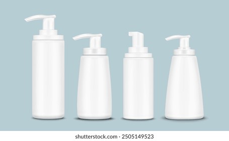 White plastic cosmetic bottle with pump cap mockup. Realistic 3d vector illustration set of shampoo or soap container. Liquid body and face care gel or lotion package with dispenser and spray.