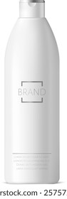 White plastic cosmetic bottle with a silver cap, showcasing a minimalist brand logo design, suitable for shampoo, conditioner, or lotion, promoting cleanliness, hygiene, and beauty