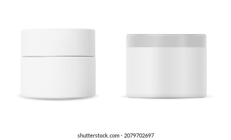 White plastic cosmetic cream jar mockup. Skin care product pack. Simple round white jar template set for scrub, ointment or blush powder. Isolated packaging for corporate branding