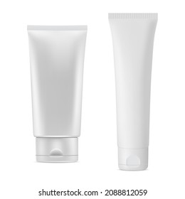 White plastic cosmetic cream tube, vector container blank. Lotion package mockup, cosmetic product bottle. Toothpaste packaging isolated on white background, realistic closeup