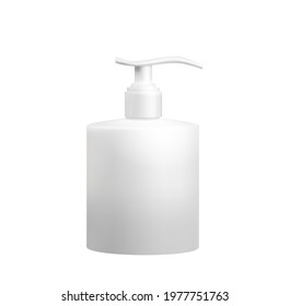 White plastic cosmetics or bath and shower utilities hdpe bottle for shampoo, shower gel,liquid soap or sanitizer with press pump dispenser on white background mockup. Vector eps10