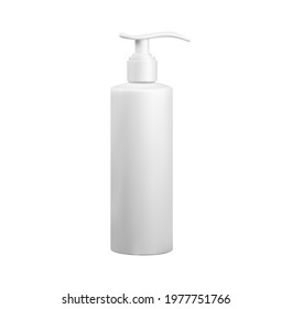 White plastic cosmetics or bath and shower utilities hdpe bottle for shampoo, shower gel,liquid soap or sanitizer with press pump dispenser on white background mockup. Vector eps10