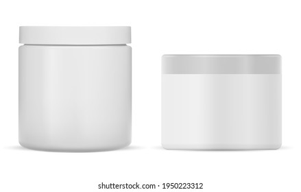 White plastic cream jar. Cosmetic cream package mockup. Round creme pack blank, realistic 3d packaging. Skin blush care beauty powder pack for branding identity. butter scrub canister template