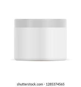 White Plastic Cream Jar. Face Cosmetic Container. Vector Bottle for Body Creme or Lotion. 3d Round Packaging with Cover for Powder, Scrub, Butter. Medical Ointment Product Pack. Skin Care.
