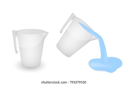 Weißer Plastikbecher einzeln auf weißem Hintergrund. Leer und mit fließendem Wasser. Realistische Vektorgrafik.