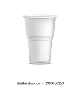 White plastic cup with ridges isolated on white background. Blank empty beverage container for coffee or other drink, disposable takeout object - realistic 3d vector illustration.
