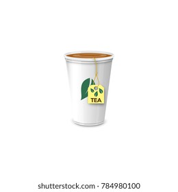 White plastic cup with tea on white background. Vector illustration.