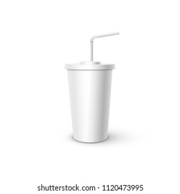 White plastic Cup with tube mockup. Vector realistic design element.