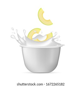 White plastic cup for yogurt. spray of yogurt and slices of avocado. Isolated on a white background. Vector illustration.