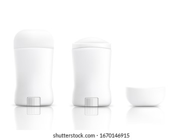 White plastic deodorant bottle with open and closed cap and rolling wheel - realistic blank mockup isolated on white background. Hygiene product template - vector illustration
