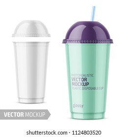 White Plastic Disposable Cup With Dome Lid For Cold Beverage - Soda, Ice Tea Or Coffee, Cocktail, Milkshake, Juice. 450 Ml. Realistic Packaging Mockup Template. Vector Illustration.