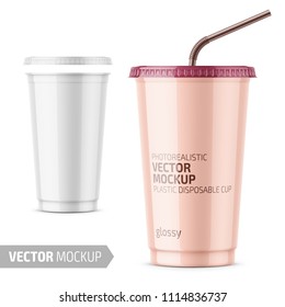 White plastic disposable cup with lid for cold beverage - soda, ice tea or coffee, cocktail, milkshake, juice. 450 ml. Realistic packaging mockup template. Vector illustration. svg