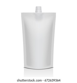 White Plastic Doypack Stand Up Pouch With Spout. Flexible Packaging Mock Up For Food Or Drink For Your Design