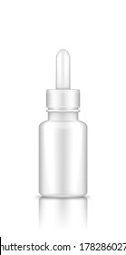 White plastic dropper container with lid mockup. Blank medicine or cosmetic package for eye or nose drops, oil, and serum. Product template. Isolated 3d vector illustration