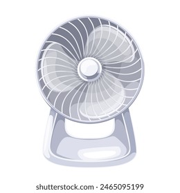 White plastic fan, cartoon electric appliance. Table fan with rotation propellers to ventilate air in summer heat, ventilation mascot, cartoon portable ventilator with blades vector illustration