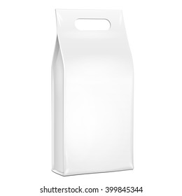White Plastic, Foil Paper Food Bag Package Of Coffee, Spices Or Flour. Grayscale. Illustration Isolated On White Background Handle. Mock Up Template Ready For Your Design. Product Packing Vector EPS10