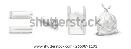 White plastic garbage bags collection. Realistic tied sack, shopping bag and rolled liners for household waste, cleaning, packaging or recycling. Isolated vector illustrationю
