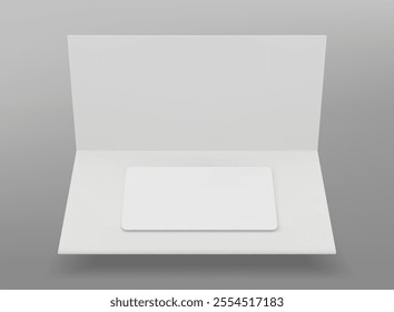 White plastic gift card in folded paper package. Minimal setup for showcasing loyalty, banking, membership or discount cards. Empty template for branding. Elegant mockup of certificate in holder.