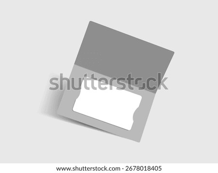White plastic gift card in folded paper package. Minimal setup for showcasing loyalty, banking, membership or discount cards. Empty template for branding. Elegant mockup of certificate in holder.