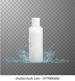 White plastic hdpe bottle with dispenser mockup and water splash effect on checkered background. Concept for natural ingredients and refreshing effect. 