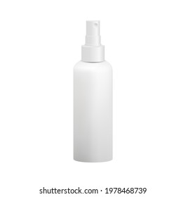 White Plastic Hdpe Bottle With Press Pump Fine Mist Spray Dispenser On White Background Mockup. Bottle For Hair Salon Equipment Or Cosmetics.Vector Eps10