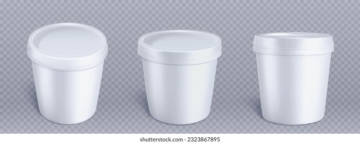 White plastic ice cream bucket container mockup. 3d yogurt paper round cup vector mock up. Clear realistic frozen food packing template for branding different pack view. Isolated mousse tube image