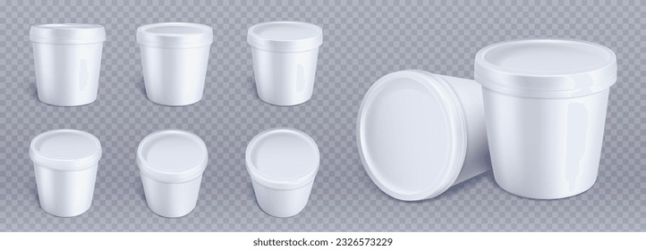 White plastic ice cream bucket container mockup. 3d yogurt paper round cup vector mock up. Clear realistic frozen food packing template for branding pack different view. Isolated mousse tube image