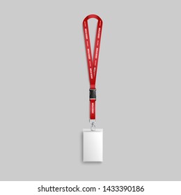 White plastic id badge or Identification name tag with red lanyard,editable 3d realistic vector illustration mockup on light background. Event access pass card template.