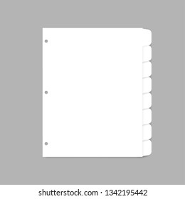 White plastic index dividers for three ring binder - letter size, realistic mockup. Blank filler paper sheets with cut tabs, vector template.