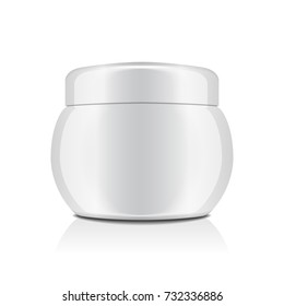 White plastic jar with cap for cosmetics. Closed container. Vector mockup template for your design