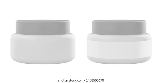 White plastic jar with cap and label. Realistic vector cosmetic mockup. Design template