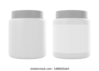White plastic jar with cap and lable. Realistic vector protein mockup. Design template
