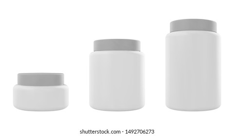White plastic jar with cap and lable. Realistic vector protein mockup. Design template