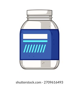 Frasco de plástico branco exibindo um rótulo genérico azul, representando saúde, fitness e suplementos nutricionais para atividades de musculação e esportes em um fundo branco