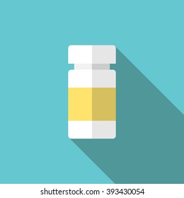 White plastic medicine bottle with label on blue with long shadow. Flat style icon. Pharmacy, healthcare, vitamin concept. EPS 8 vector illustration, no transparency