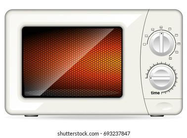 White plastic microwave oven. Mechanical control. Closed door
