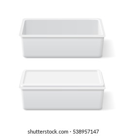 White Plastic Opened And Closed Container For Margarine, Butter, Ice Cream Or Cheese On White Background. Packaging Food Box Realistic Mock Up.