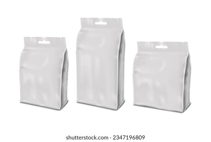 White plastic, paper or foil side gusseted bag with euro slot realistic vector mock-up set. Blank package with hanging hole kit mockup