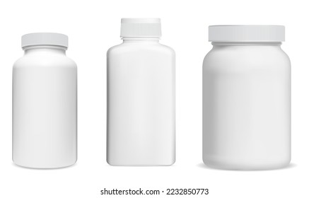 Diseño de botellas de plástico blanco, parodia vectorial del paquete suplementario para la etiqueta. Muestra de producto de farmacia, caja de medicación redonda para cápsula de prescripción, antibiótico, aspirina. conjunto de tarros para comprimidos medicamentosos