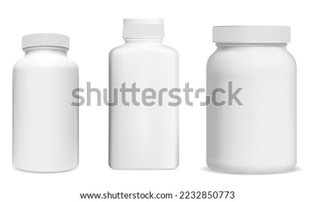 White plastic pill bottle design, vector mockup of supplement package for label. Pharmacy product sample, round drug box for prescription capsule, antibiotic, aspirin. medicament tablet jar set