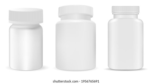 Weiße Plastikflasche, aufgetaucht, Beipackzettel, Vitaminpackung einzeln auf weißem Hintergrund. Arzneimittelbehältnis, Dosierungsflasche, 3D-Abbildung
